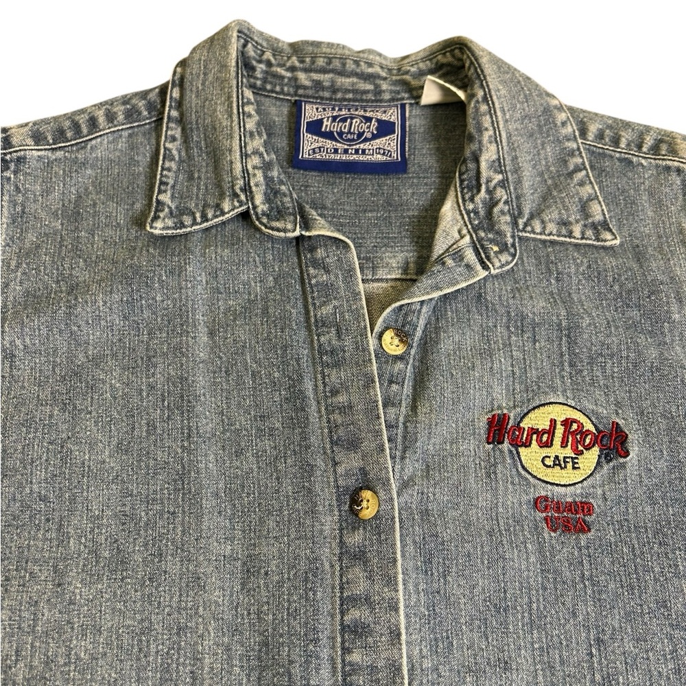 VTG 90s Hard Rock Cafe Guam Souvenir Women‎ Sleeveless Denim Shirt Sz L